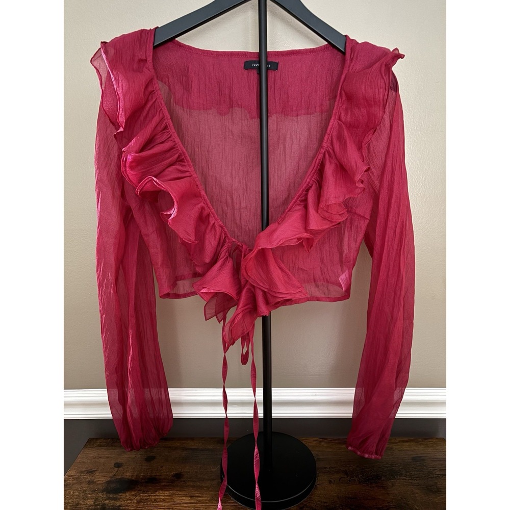 Berry Delilah Ruffled Top Tie-Front Cropped Bell Long Sleeves Ruffles Size M